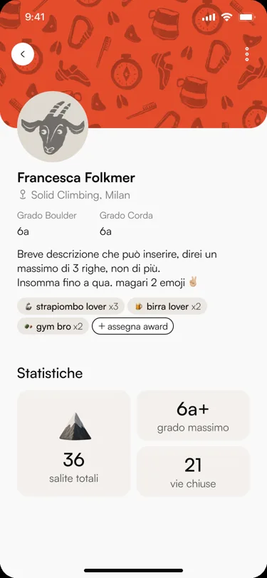 Climber profile with grades and stats