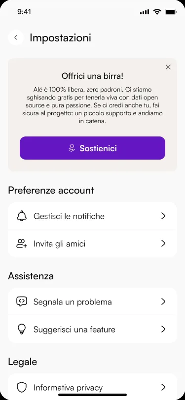 Settings, with a "buy us a beer" card
