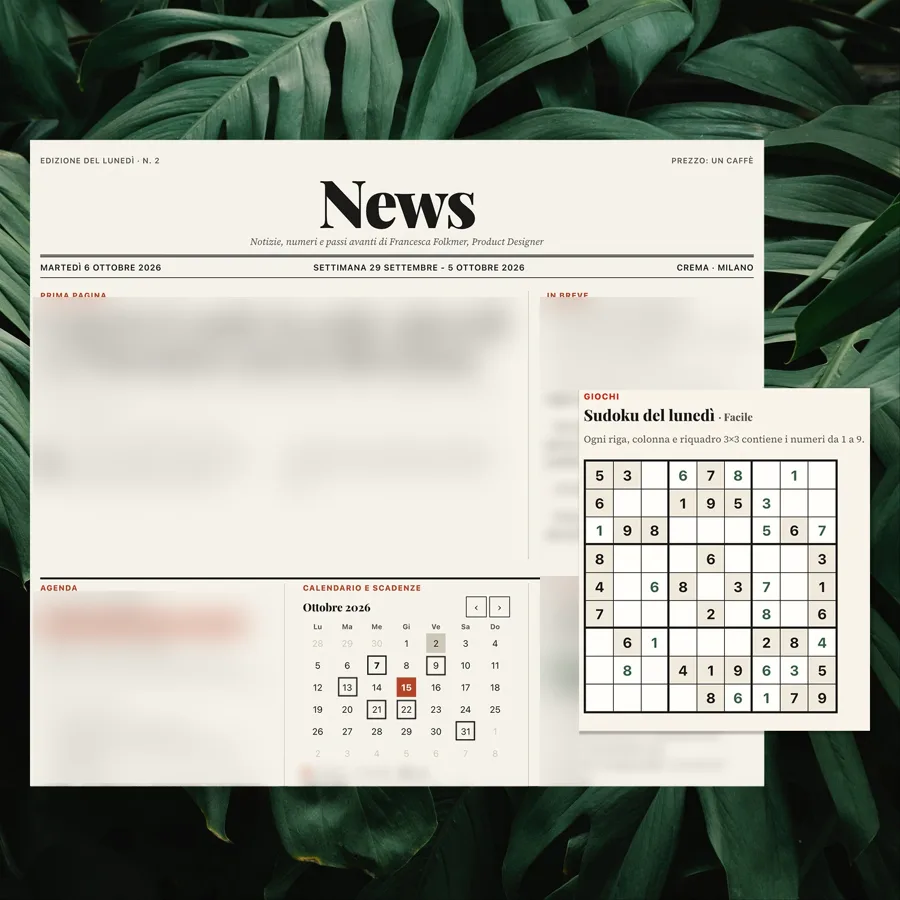 News, the Monday paper an agent prepares for me: masthead, an October calendar and a half-solved sudoku, on dark green leaves. The articles are blurred.