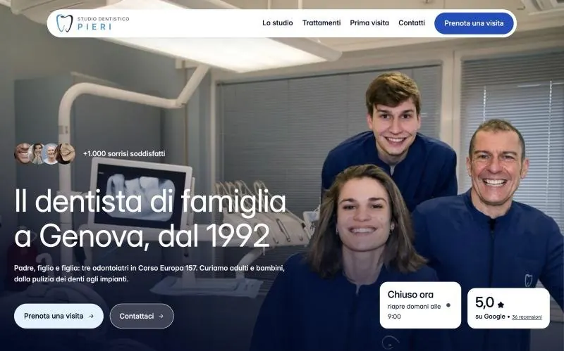 Studio Dentistico Pieri homepage: three dentists smiling, the title "Il dentista di famiglia a Genova, dal 1992" and a "Prenota una visita" button.