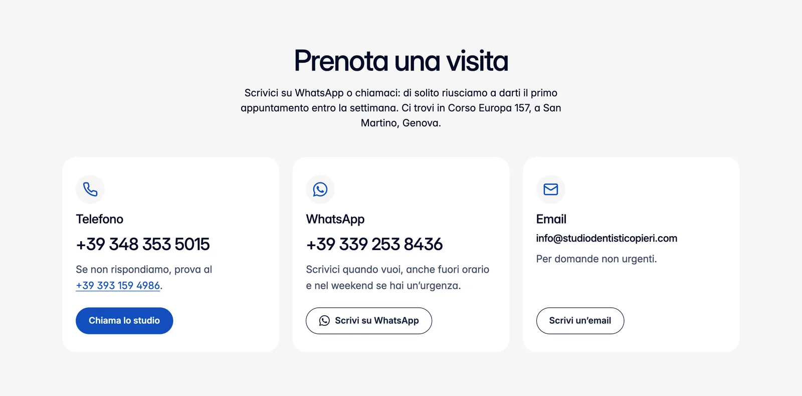 Booking section: 'Prenota una visita', with phone, WhatsApp and email cards and when you get the first appointment.