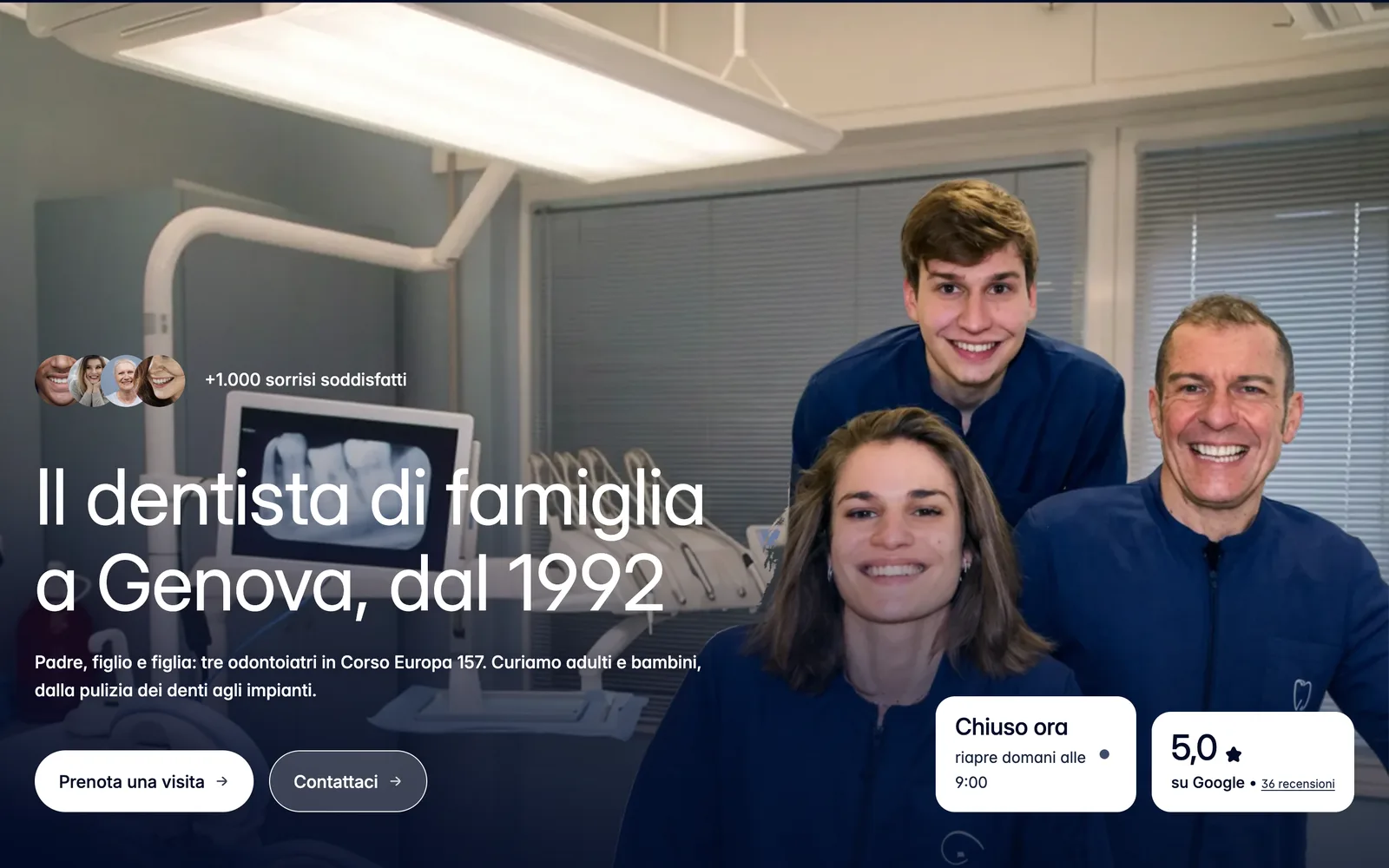 The new home: the three dentists smiling in their studio, the title 'Il dentista di famiglia a Genova, dal 1992' and the booking buttons.