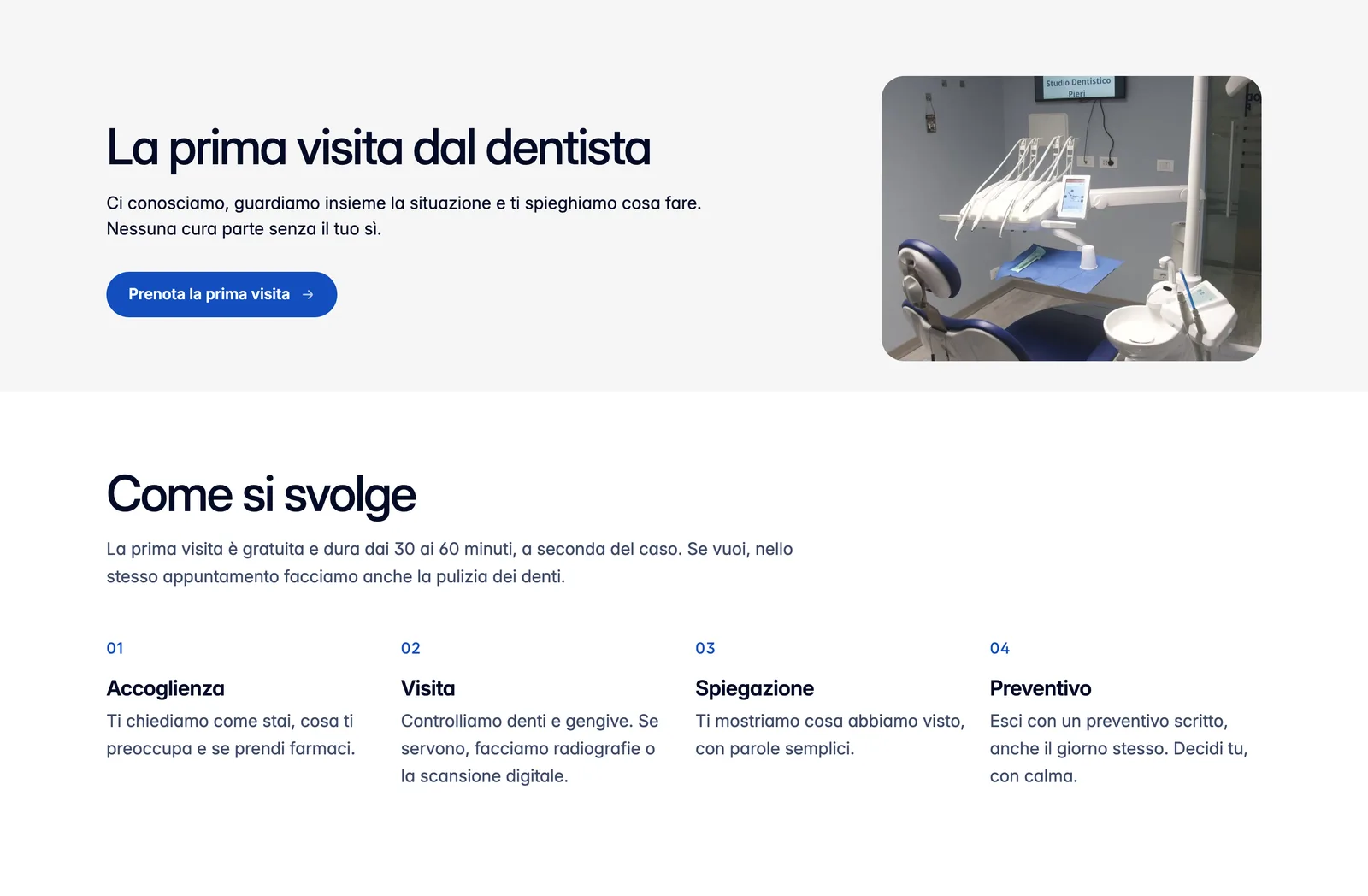 First visit page: the promise 'Nessuna cura parte senza il tuo sì' and the four steps of the visit: welcome, check-up, explanation, estimate.