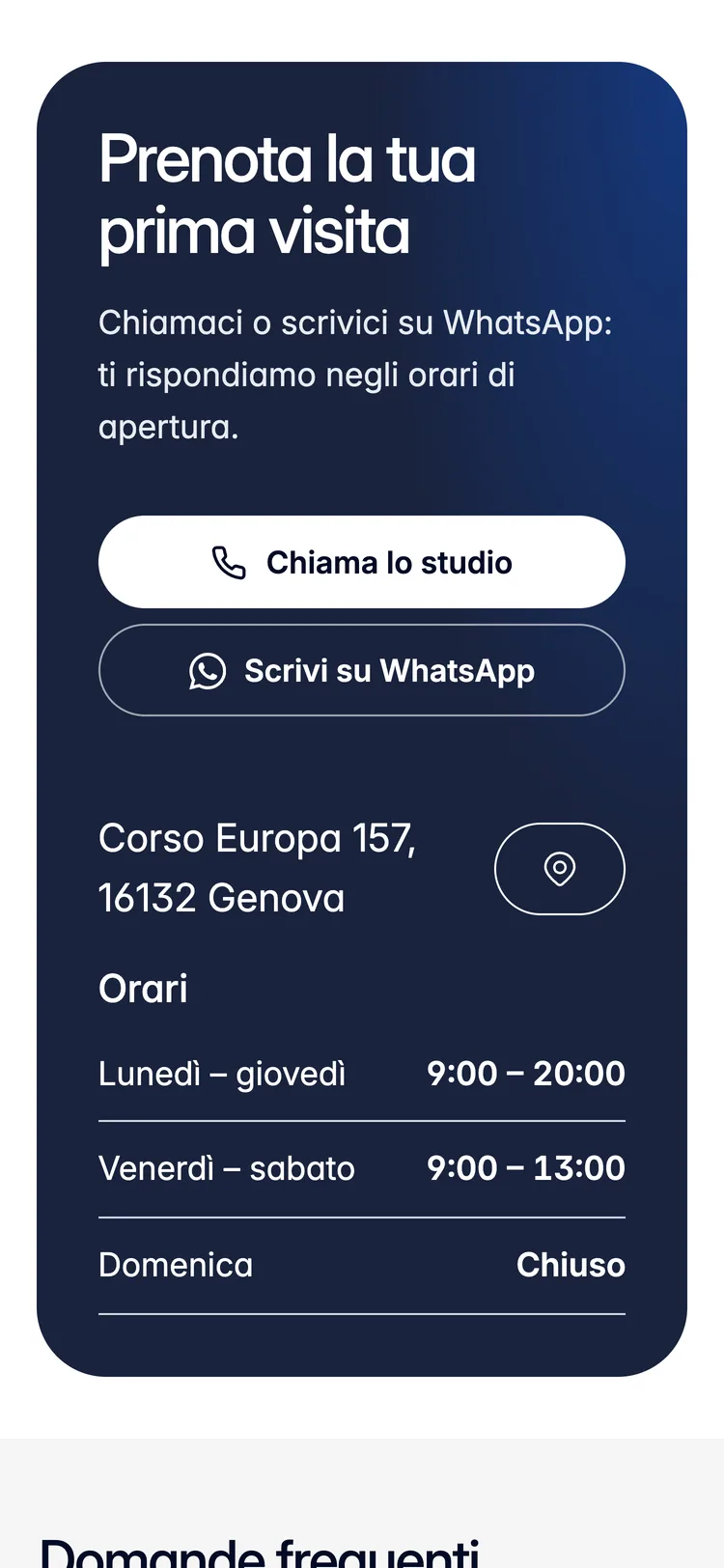 Book your first visit: call or WhatsApp, address and opening hours.