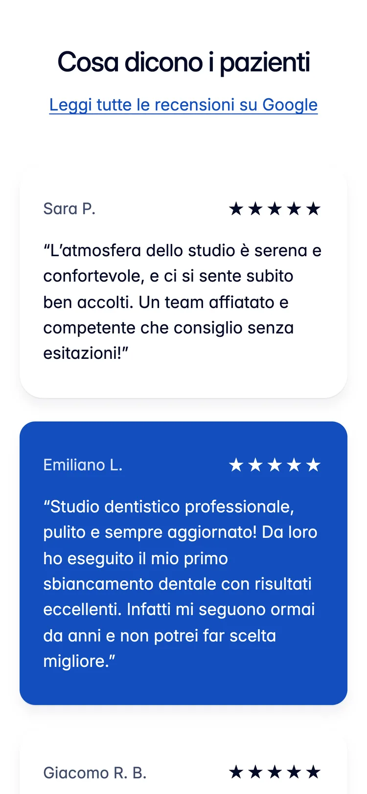 What patients say: five-star Google reviews.