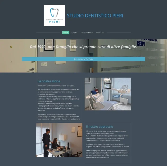The old site: a dark page with a small logo, a blue booking bar and long blocks of small text about the practice's story.