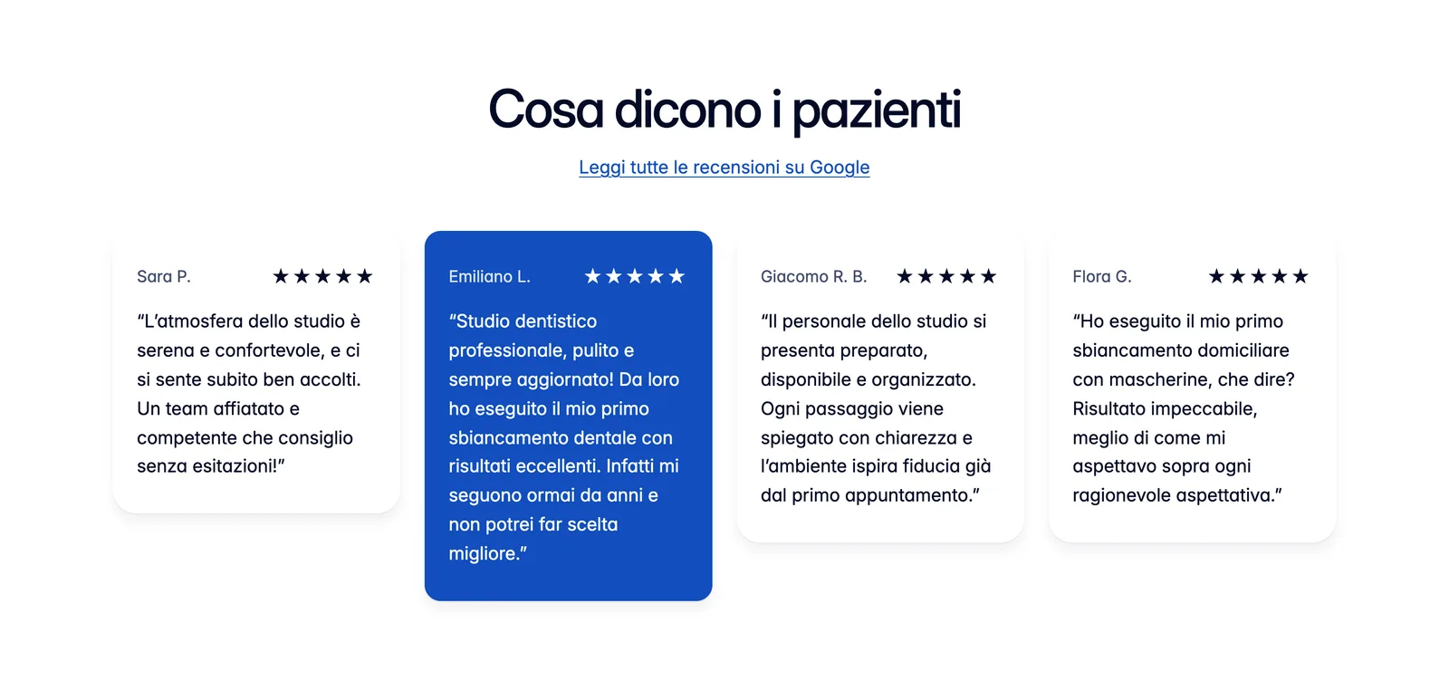 Reviews section: 'Cosa dicono i pazienti', four five-star Google reviews.
