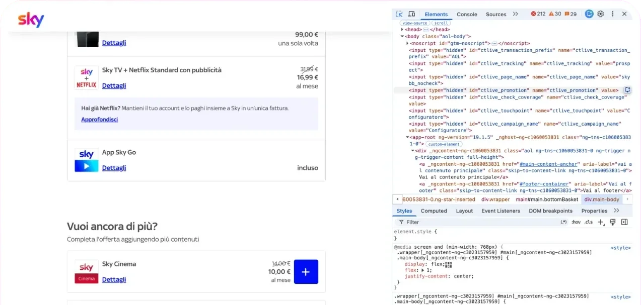 A Sky checkout page next to the browser developer tools, open on its HTML: where each criterion gets checked.